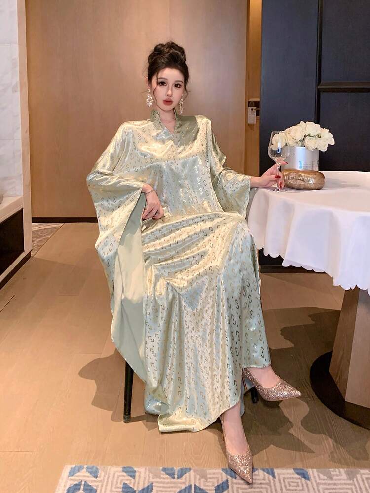 Spring & Summer Shiny Gold Cape-Style Flare Sleeve Dress, Elegant For Valentine's Day, Wedding, Party, Banquet, Fashion Event, Commute, Floral Print Long Sleeve Midi Dress For Women