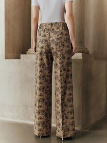 Anewsta Women's Khaki Floral Print Office Pants, Waist Design, Casual Suit Pants For Commuting - Khaki - View 2