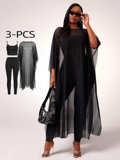 SHEIN SXY Plus Size Fashion Commuter Black Mesh Cover Up & Camisole With Leggings Three-Piece Set, Suitable For Dates, Gatherings, Parties, Clubs, Nightlife Mesh Two Pieces Set Black Lace/Valentine's Day, Suitable For Banquet, Feast, Dinner Party, Prom, Ball, Urban, Versatile, Sexy Office Siren, Cruise Attire, Vintage, Festival, Concert, Carnival, Outing, Richly Layered, Holiday, Date Night, Gathering, Birthday, Bachelorette Party , Cocktail, Formal Event, Valentine's Day