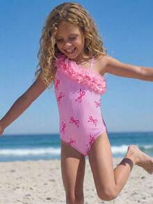 SHEIN Emery Rose Kids 小女孩可爱数码印花粉色蝴蝶结连体泳衣，适合海滩和泳池度假 - 淺粉色 - 查看 4
