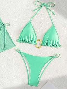 Bộ bikini 4 mảnh Swim SXY dành cho nữ, màu xanh lá cây nhạt thanh lịch, chất liệu lưới xuyên thấu, gồm áo và quần bikini kiểu yếm 2026, áo khoác ngoài tay dài bằng vải chiffon và váy ngắn kiểu sarong, chi tiết vòng kim loại vàng, đồ bơi thường ngày cho kỳ nghỉ hè, trang phục gợi cảm ôm sát cơ thể, bộ đồ đi biển màu xanh lá cây dành cho phái nữ. - màu xanh lá - Xem 3