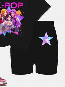 2pcs/Set Tween Girls Casual K-POP Cartoon Girl Pentagram Color Block Short Sleeve Crew Neck T-Shirt And Matching Shorts Set, Comfortable Knit Outfit For Girls Daily Vacation, Purple T-Shirt Set - Pink - View 5