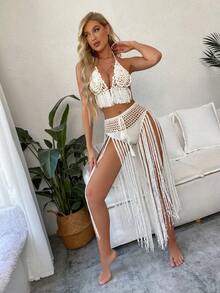 Swim Vcay Set de 2 piezas Cubrecostillas de bikini blanco hecho a mano a ganchillo, para el verano - Blanco - Ver 4