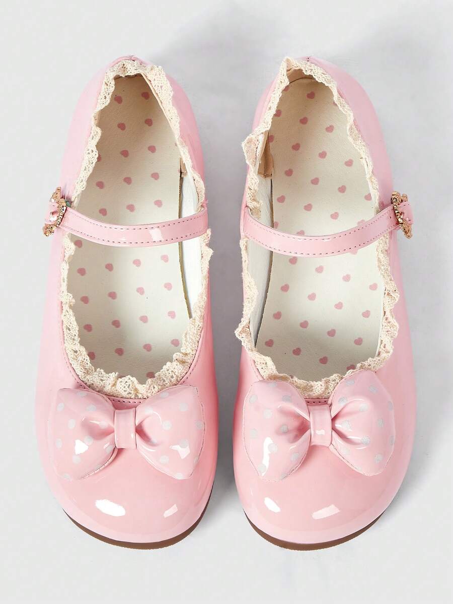 ROMWE Kawaii Giày bệt nữ thời trang trong suốt đính nơ, kiểu Mary Jane, giày da nhỏ xinh, giày lười đế mềm, giày đi váy. - Ren da sáng màu hồng - Xem 1
