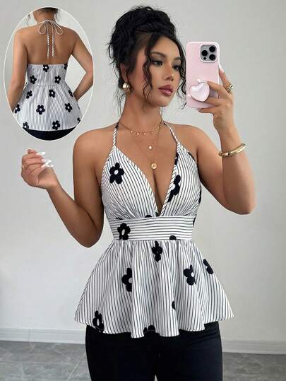 Elenzga Camiseta sin mangas de estilo europeo y americano elegante con cuello en V y cintura anudada, con pliegues en forma de A, adecuada para salidas, citas, vacaciones y otras ocasiones, alta relación calidad-precio