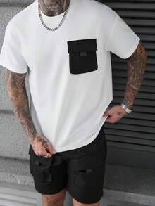 SLATEMANN 男士舒适针织圆领褶皱口袋短袖T恤搭配梭织多口袋抽绳弹力腰短裤两件套，适合休闲、派对、聚会、运动、办公、春夏等场合，经典畅销款，自穿或送礼皆宜。 - 黑與白 - 查看 3