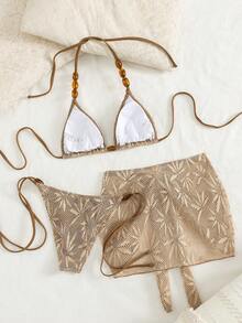 Swim Vcay 3pcs/Set Summer Vacation Sexy Pearl Halter Backless Triangle Bikini Set With Drawstring And Tie-Up Mini Skirt - Brown - View 2