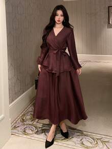 DAZY Women's Solid Color Waist Knot Shirt And Skirt Elegant Two Pieces Set - Burgundy - View 5