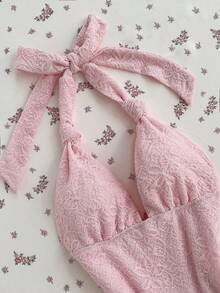 Elamini Đầm ngắn nữ chất liệu jacquard họa tiết, cổ chữ V sâu, hở lưng, viền bèo nhún, thích hợp cho kỳ nghỉ. - Hồng - Xem 3