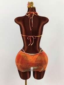 Amplova 女士扎染印花三件套性感泳装套装，可爱迷你串珠系带细节，适合度假、春夏穿着 - 彩色 - 查看 9