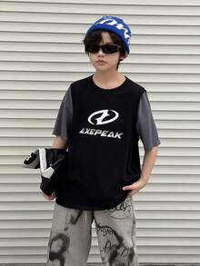DAZY Tween Boy Colorblock Letter Print Crew Neck Short Sleeve T-Shirt Summer - Grey - View 5