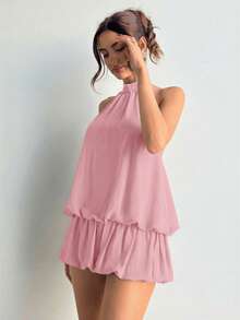 Aloruh Đầm ngắn mùa hè gợi cảm dành cho nữ, kiểu dáng tối giản, màu trơn, hở lưng, buộc dây phía trước, xòe rộng, thích hợp cho kỳ nghỉ biển. - Hồng - Xem 4
