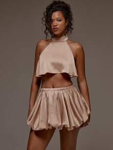 MUSERA Satin High Neck Flounce Hem Sleeveless Crop Top Spring Summer Holiday Vacation Beach Ibiza Festival Party Elegant Divinity - Khaki - View 1