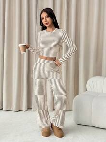 SHEIN PETITE Bộ đồ nữ thường ngày kẻ sọc gồm áo dài tay và quần dài (2 món). - Màu be - Xem 6
