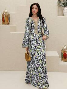 Al Najma Áo Kaftan Thổ Nhĩ Kỳ tay dài in hoa và đầm maxi truyền thống Ả Rập dành cho nữ. - Nhiều màu - Xem 3