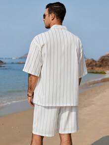 Manfinity RSRT 男士休闲条纹衬衫和短裤套装 - 白色 - 查看 2