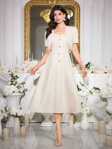 Modelyn Bộ 2 món gồm áo khoác ngắn và váy thanh lịch dành cho nữ, trang phục công sở, váy dự tiệc, váy cưới, váy dự tiệc cổ điển, trang phục công sở cho nữ. - Vàng nhạt - Xem 6