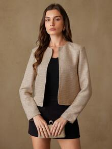 Revavyn Áo khoác blazer dài tay cổ tròn chất liệu tweed dành cho nữ, phù hợp cho việc đi làm hàng ngày. - Màu Khaki - Xem 3