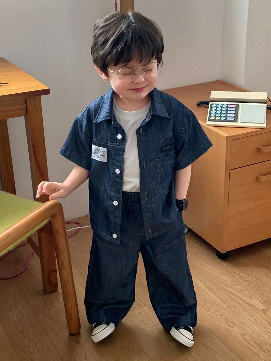 DAZY 男婴休闲时尚街头通勤字母印花短袖牛仔衬衫和牛仔裤套装，春夏秋季 - 藍色 - 查看 1