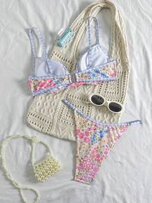 Swim Mod Women's Bikini Set,2-Piece Floral & Plaid Print Underwire Bikini,Bow Tie Straps Sweet Beach Outfit,Beige,Summer,Casual,Vacation,Holiday,Daily Wear - Multicolor - View 2
