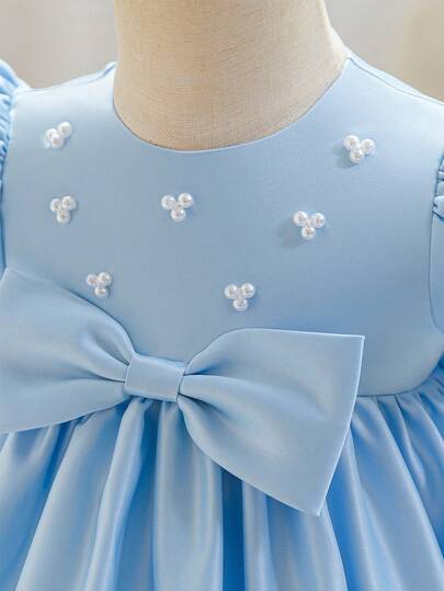 Glamorique Kids Champagne Gold High-End Satin Petal Sleeve Short Sleeve High Waist Doll Dress With Bow Decor, Big Skirt, Elegant Children Princess Dress, Handmade Beaded Baby Birthday Party Wedding Guest Dress