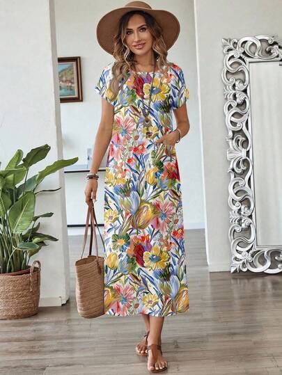 EMERY ROSE Women's Casual Floral Print Summer Short Sleeve Dress