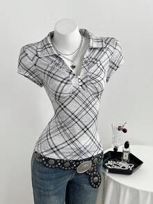 Elamini Women's Casual Grey Plaid Minimalist Collared Fitted Short Sleeve T-Shirt - Grey - View 5