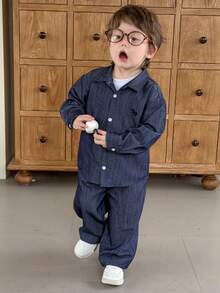 DAZY Toddler Boys' Turndown Collar Long Sleeve Korean Style Embroidered Denim - Blue - View 7