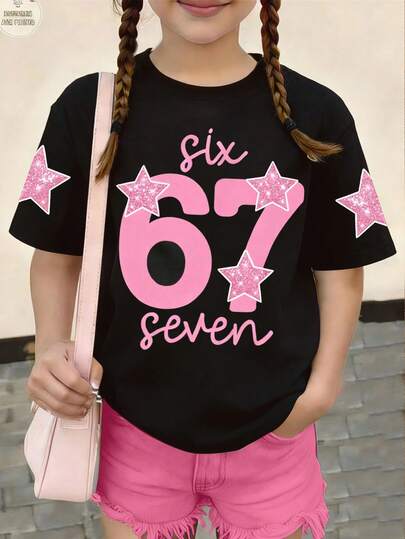 Camiseta gráfica de manga corta y cuello redondo negra para niña preadolescente, cómoda y casual, versátil con estampado del número 67, diseño de mangas con estrellas, adecuada para uso diario, escuela y salidas