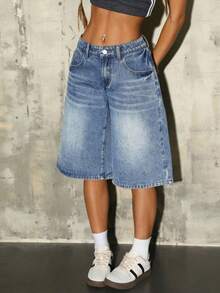 SHEIN ICON Quần short denim ống rộng giặt thường ngày cho nữ - Màu xanh lam - Xem 3