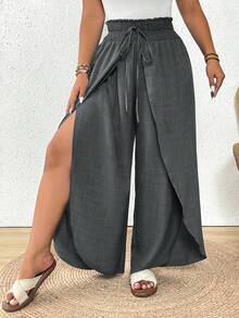 SHEIN Frenchy Quần ống rộng xẻ tà, cạp chun, dáng suông, cỡ lớn, kiểu dáng thường ngày. - Màu xám đen - Xem 1