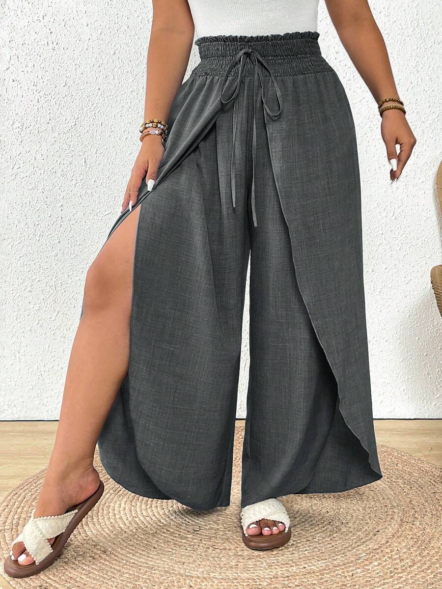 SHEIN Frenchy Quần ống rộng xẻ tà, cạp chun, dáng suông, cỡ lớn, kiểu dáng thường ngày. - Màu xám đen - Xem 1