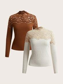Anewsta 2 Pcs Elegant Lace Patchwork Pearl Embellished Crew Neck Knit Top T-Shirt Set - Multicolor - View 3