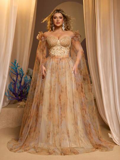 Aureia Plus Size Elegant Romantic Yellow Off-Shoulder Luxury Crystal Decor Waist See-Through Fishbone Print Mesh A-Line Luxury Wedding Party Celebration Vacation Formal Evening Gown (Intricate Design)