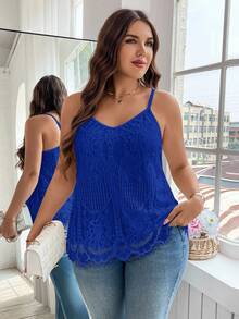 Reflora Plus Size Summer Casual Solid Color Sweetheart Neck Contrast Lace Camisole - Royal Blue - View 4