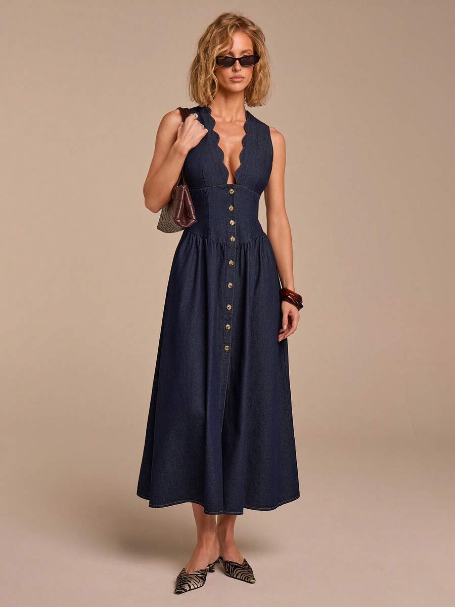 COSMINA Women's V-Neck Denim Dress, Casual Elegant Minimalist Denim Dress With Ruffle Hem - Navy Blue - View 1