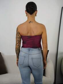 SAYEHFBABY 女士休闲优雅扭结不对称下摆抹胸上衣，扎染印花，安哥拉红 - 彩色 - 查看 2