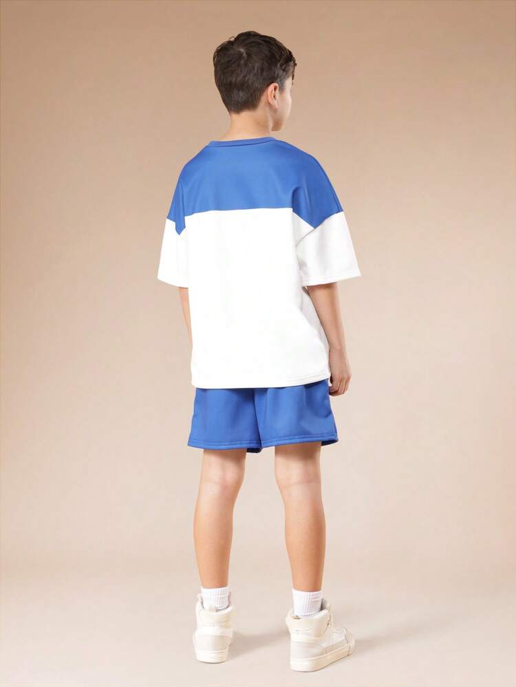Jungen Farbblock Rundhals Kurzarm T-Shirt mit passenden Athletik-Shorts, Sommer Casual Zweiteiler Set