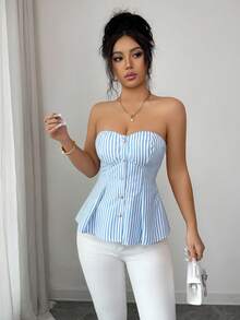 SHEIN Elenzya Best-Selling Women's Blue & White Striped Cropped Camisole Top With Waist Cinching Design, Metal Decor, Casual Elegant Sleeveless Vest - Blue and White - View 7