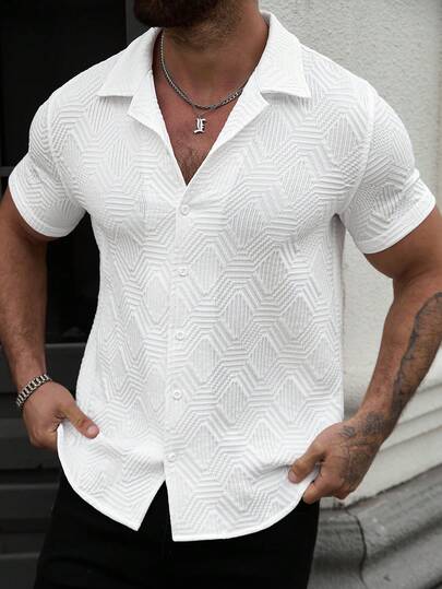 Manfinity CasualCool Camisa de manga corta de tela texturizada de unicolor minimalista para hombres, ideal para vacaciones y uso diario