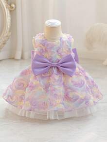 Glamorique Kids 女婴紫色连衣裙，彩色3D立体花卉刺绣无袖连衣裙，饰有蝴蝶结，优雅奢华，适合女婴生日派对、节日、婚礼宾客等场合，甜美可爱的薄纱连衣裙，女婴公主裙，女婴生日礼服，女婴连衣裙，婚纱，花童礼服 - 紫色 - 查看 4