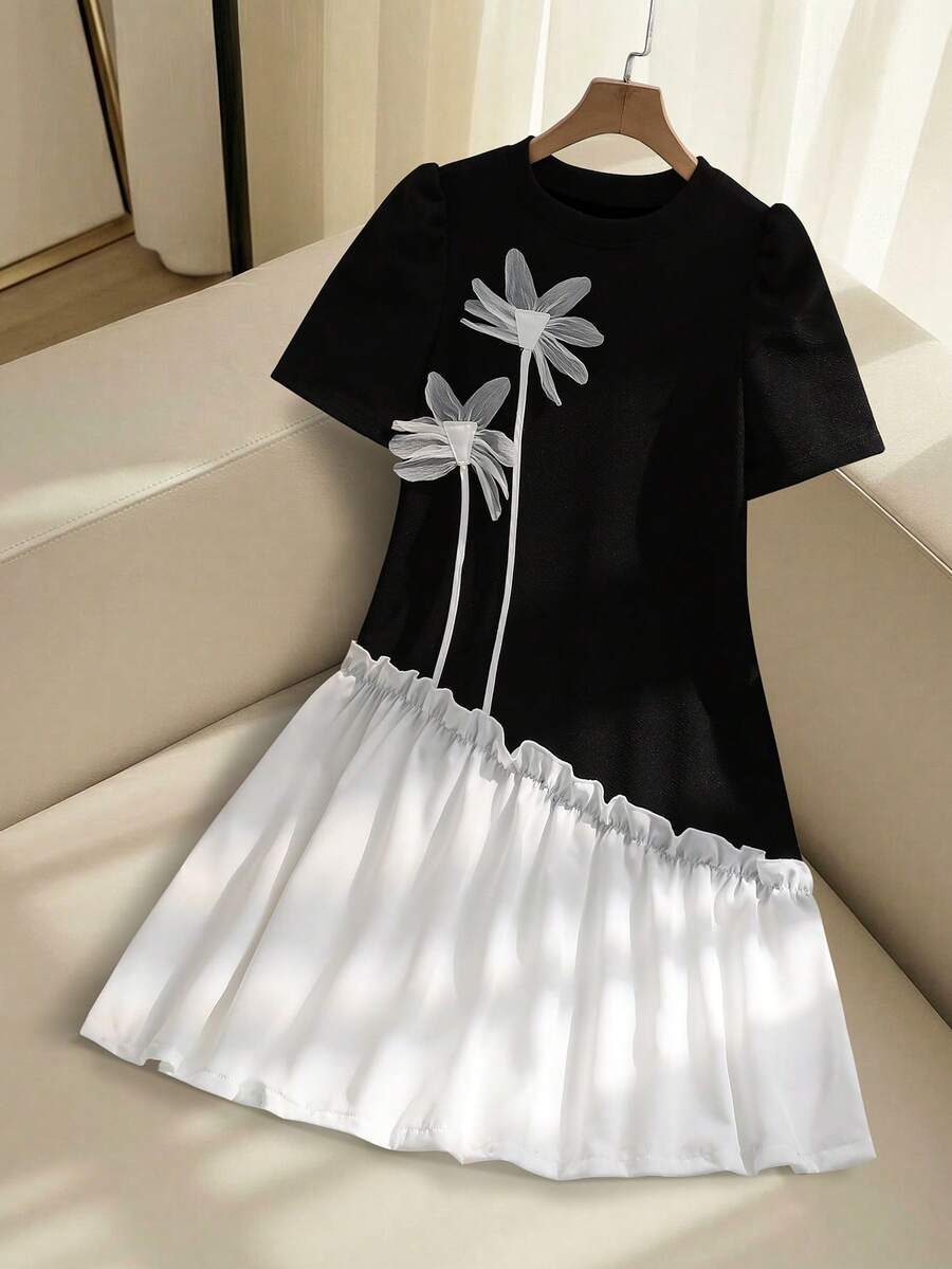 SHEIN Đầm ngắn tay xếp ly thắt nơ cho bé gái tuổi teen, dáng rộng, thích hợp mùa xuân/hè. - màu đen - Xem 1