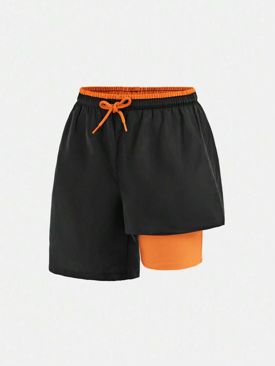 SHEIN Tween pojkars casual 2-i-1 badbyxor, strandshorts, lämpliga för strandfester, musikfestivaler, surfing, simning på vår/sommar - Orange - Visa 1