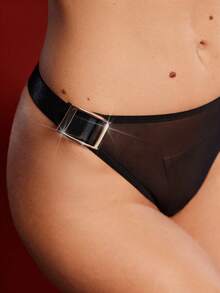 黑色网眼拼接，金属扣，闪亮，透明，迷人个性化，经典简约女士丁字裤 - 黑色 - 查看 6