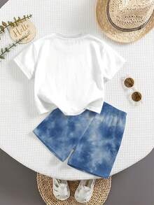 SHEIN Young Boy White Summer Casual Minimalist Fashion,Tie-Dye Vacation Style Beachside Sporty Loose Comfortable Round Neck Short Sleeve T-Shirt Set - Multicolor - View 3
