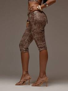 MUSERA 亮片豹纹修身七分裤，春夏度假海滩伊比沙岛音乐节派对优雅女神 - 棕色 - 查看 3