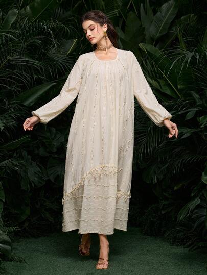 Al Najma Middle Eastern French Slouchy Jacquard 3D Shell Dress, Resort Vibe Turkish Kaftan