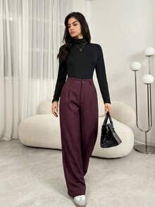 SHEIN Tall Trang phục giáo viên nữ: Quần tây xếp ly màu xám thanh lịch có túi, quần tây thu đông màu xám, quần cạp cao, quần ống rộng, quần dáng suông, quần màu xám công sở, quần ống rộng cho nữ, quần áo mùa thu đông cho nữ, quần áo đi chơi cho nữ. - Màu Đỏ Sâu - Xem 7