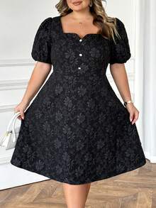 SHEIN CURVE+ 大码女装时尚优雅黑色方领纹理面料短袖泡泡袖前扣设计A字长裙 - 黑色 - 查看 6