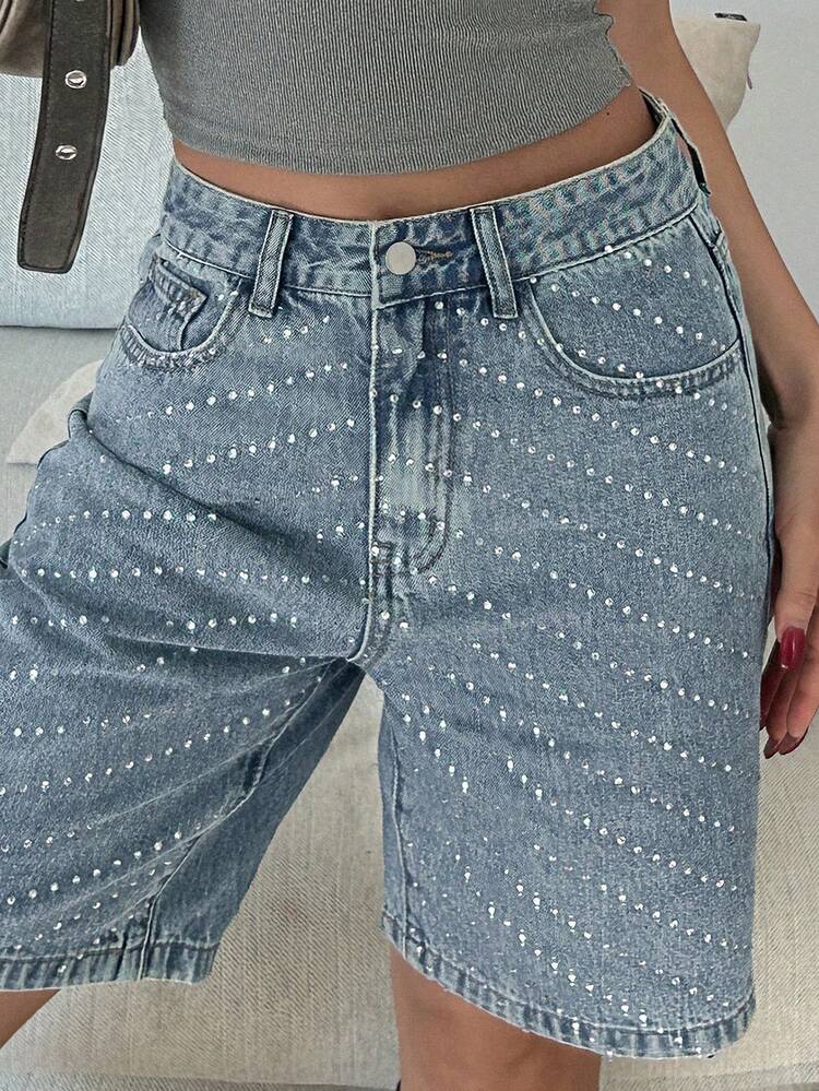 Women's Summer Rhinestone Embellished Casual Loose Straight Leg Cropped Denim Shorts Sequin Jorts
